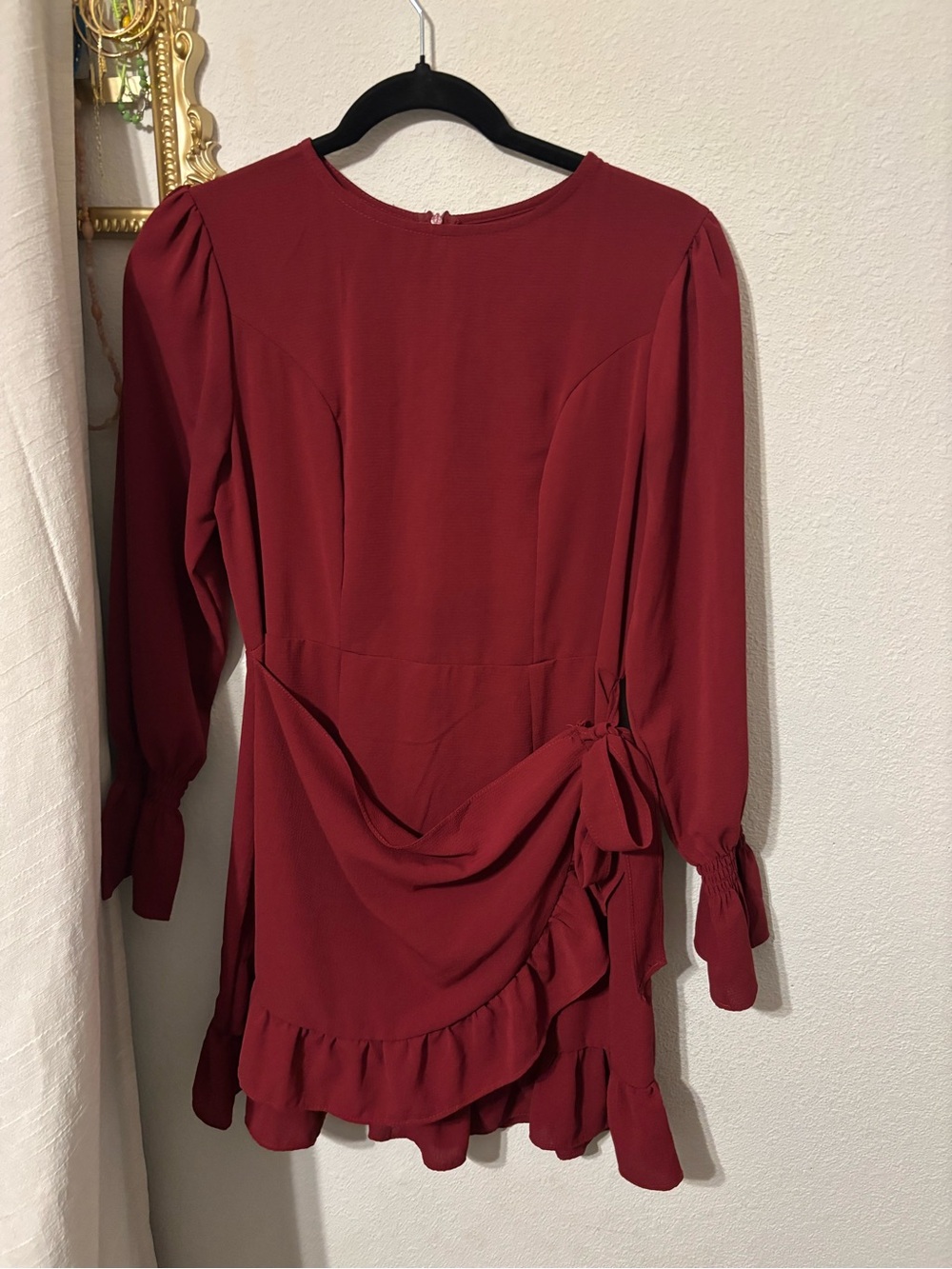 Women’s Long Sleeve Ruffle Wrap Dress - Burgundy